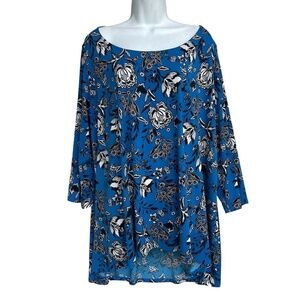 LIZ CLAIBORNE Blue Floral Tunic Top Women's Plus 3X Scoopneck 3/4 Sleeve Blouse